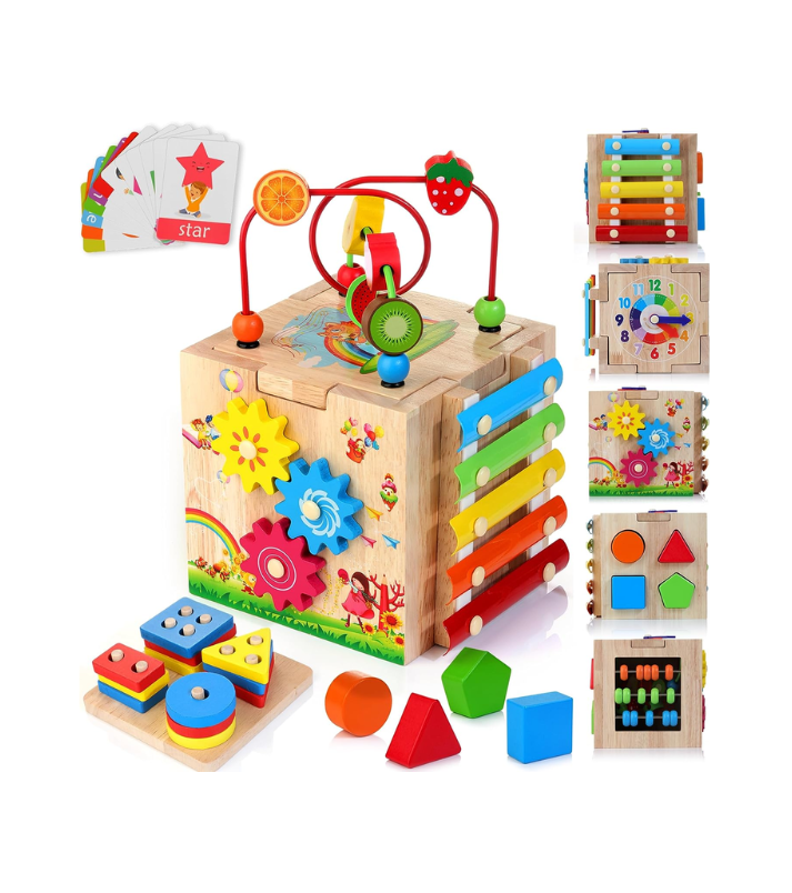 Juguetes Montessori para niños de más de 1 año, kit de juego de madera 8 en  1, incluye caja permanente de objetos, cubo de actividades de aprendizaje
