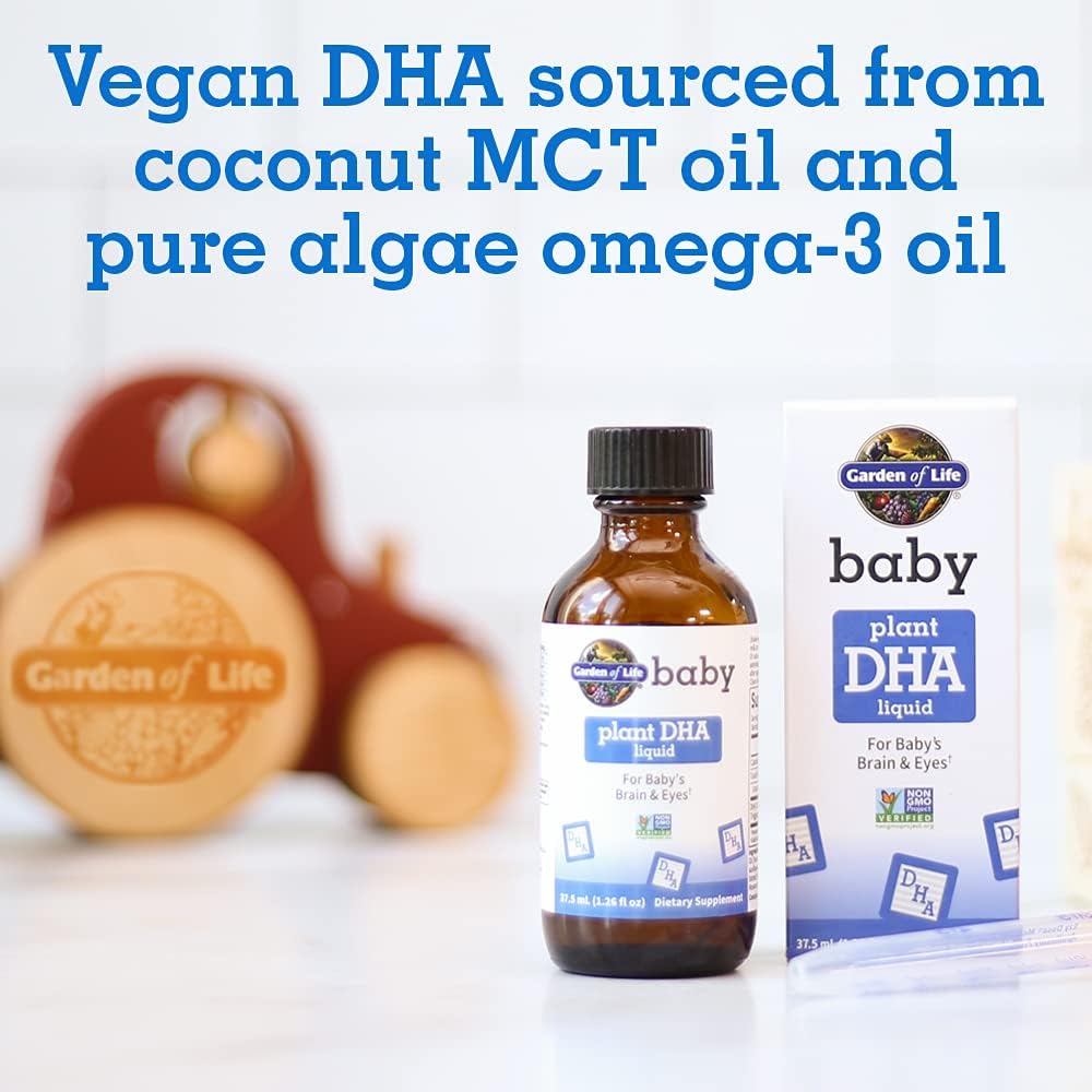 Garden of Life Baby DHA Drops, 600 mg de Omega 3 DHA vegano para el cerebro y los ojos del bebé , para recién nacidos, bebés y niños pequeño 37.5ml