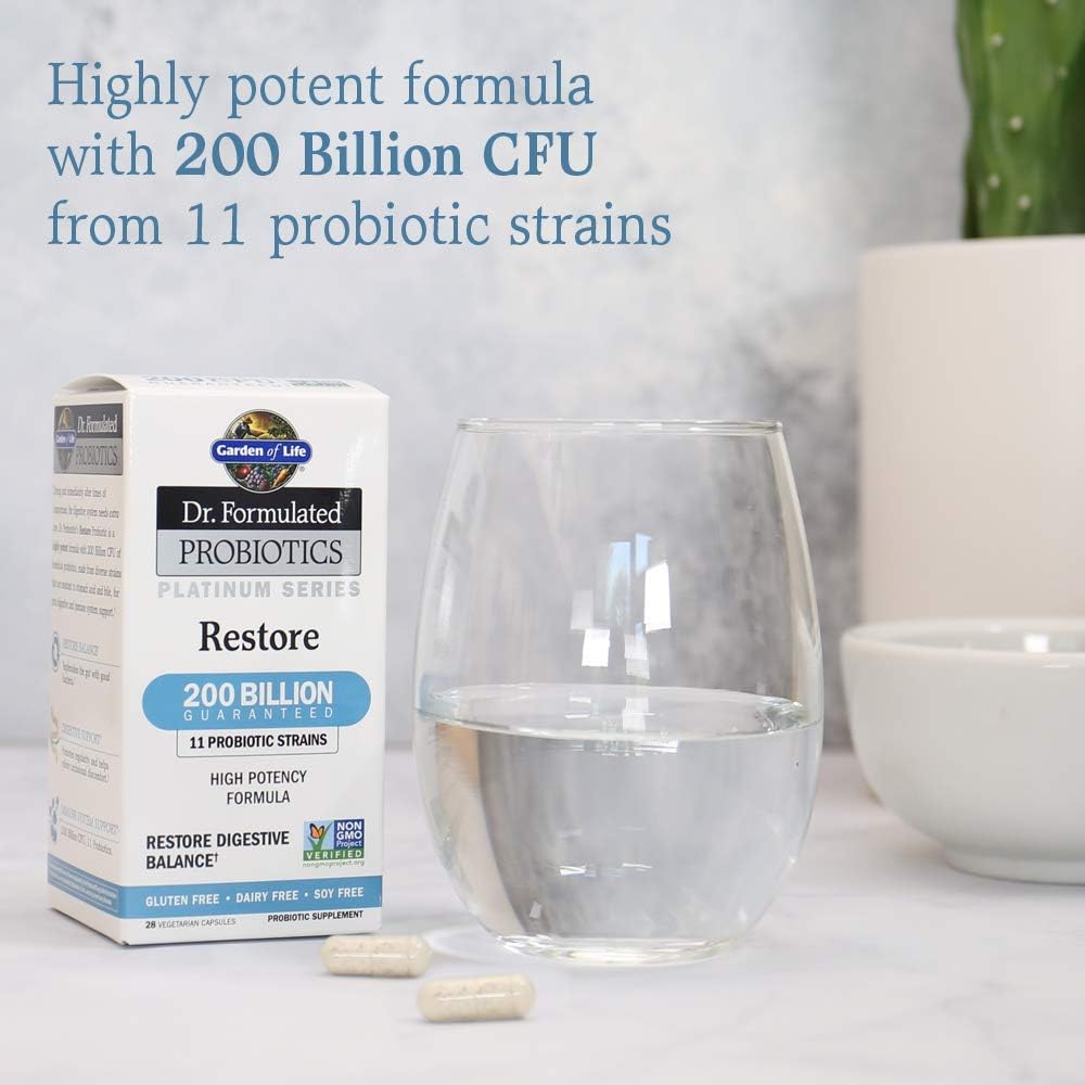 Garden of Life Dr. Formulated Probiotics Platinum Series Restore 200 mil millones de CFU fórmula de alta potencia, vegano apoyo probiótico inmunológico digestivo, 28 cápsulas