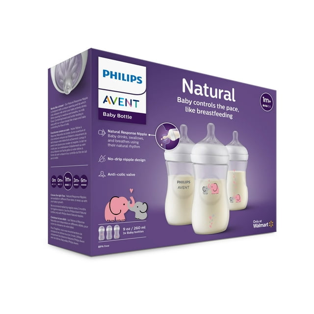 Philips Avent Biberón natural con tetina de respuesta natural, con diseño de elefante rosa, 9 oz, 3 pack