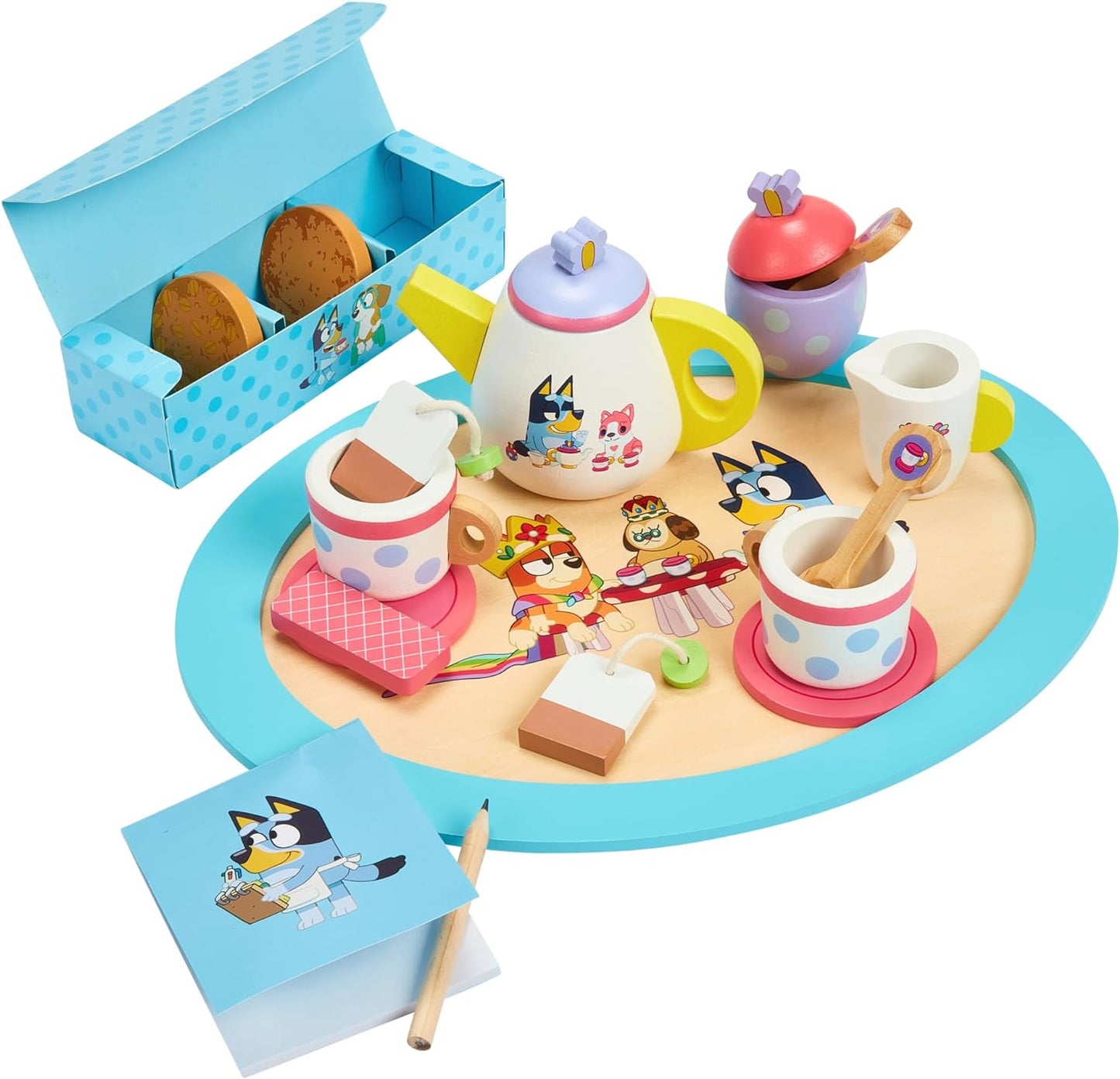 Bluey Juego de fiesta de té - Juego de madera de 18 piezas con bandeja, tetera, tazas de té, galletas y bloc de notas para niños de +3 años