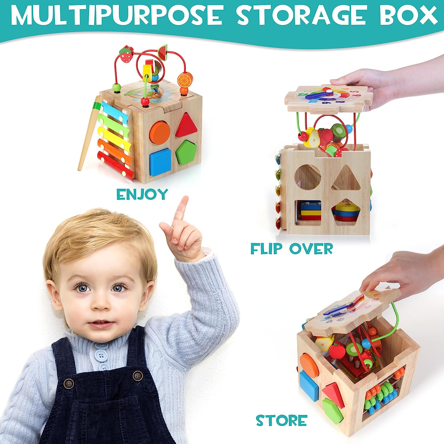 GEATEACO - Cubo de actividades de madera para bebé, juguetes Montessori 9  en 1 para niños de 3 años, cubo de aprendizaje educativo, juguetes para