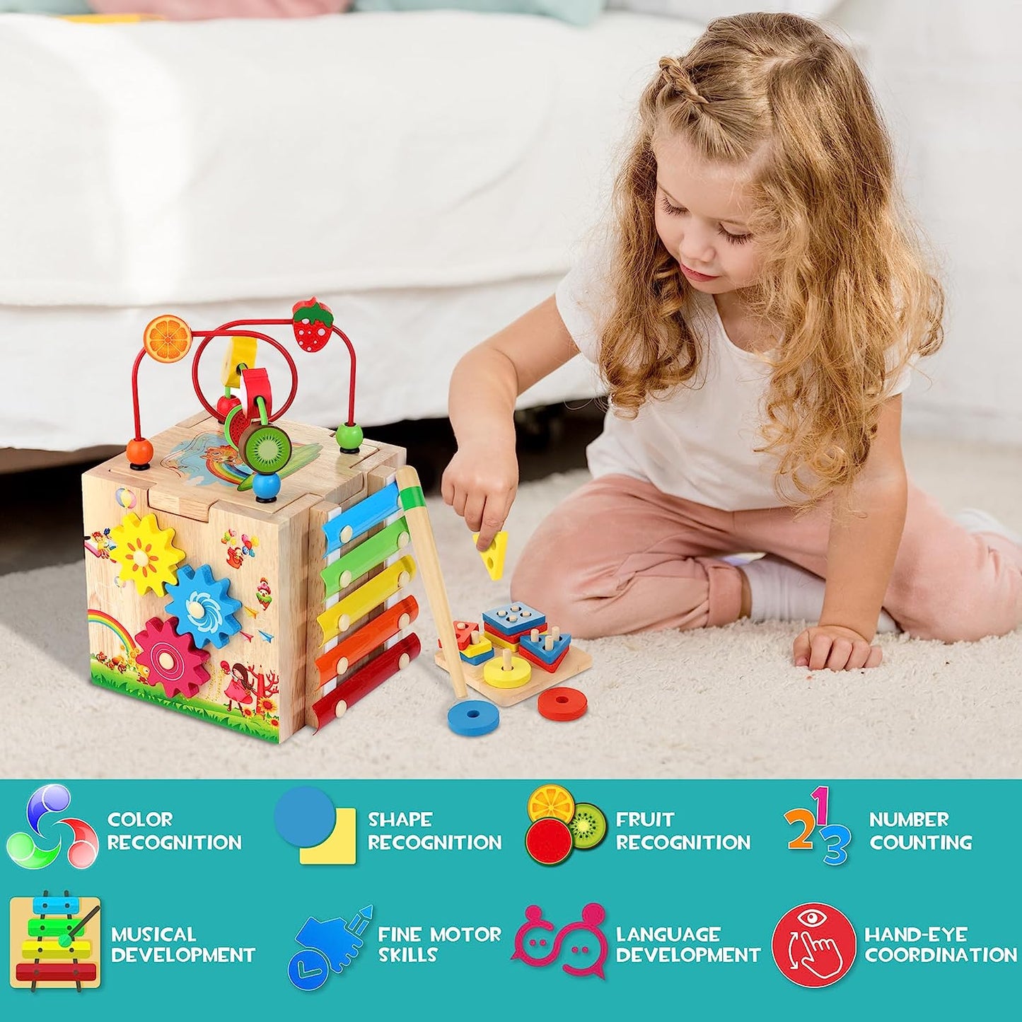 Cubo de actividades de madera para bebés,  juguetes de aprendizaje Montessori 8 en 1 para niños y niñas