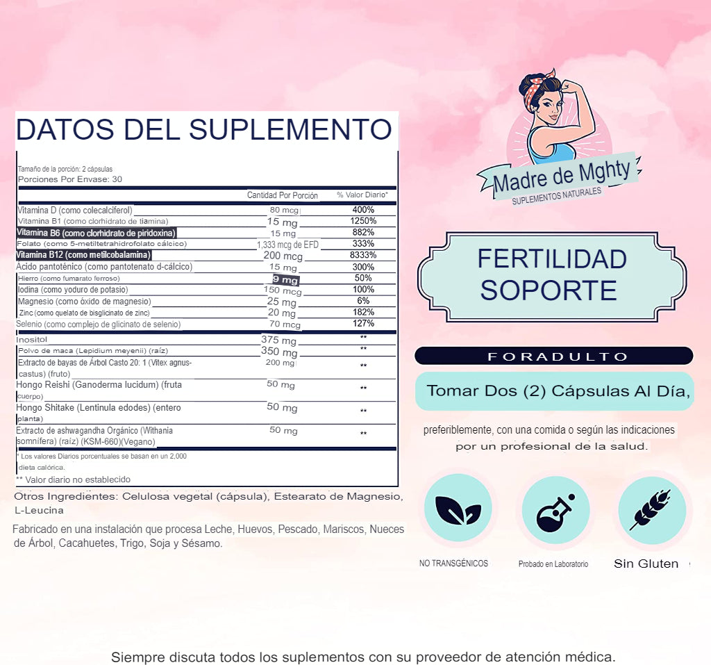 Mighty Mother Suplemento de fertilidad para mujeres, cápsulas de inositol con folato, zinc y hierro, suplemento de apoyo a la fertilidad, 60 unidades