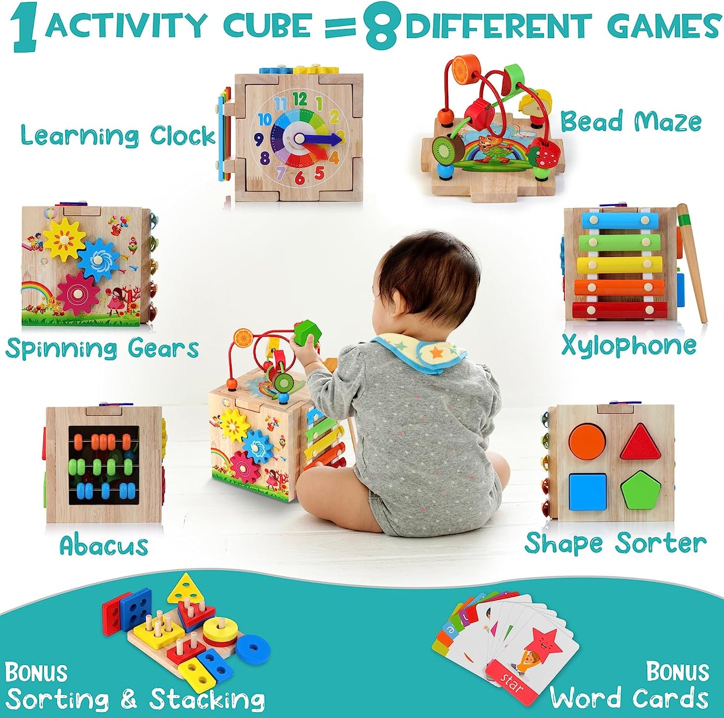Cubo de actividades de madera para bebés,  juguetes de aprendizaje Montessori 8 en 1 para niños y niñas