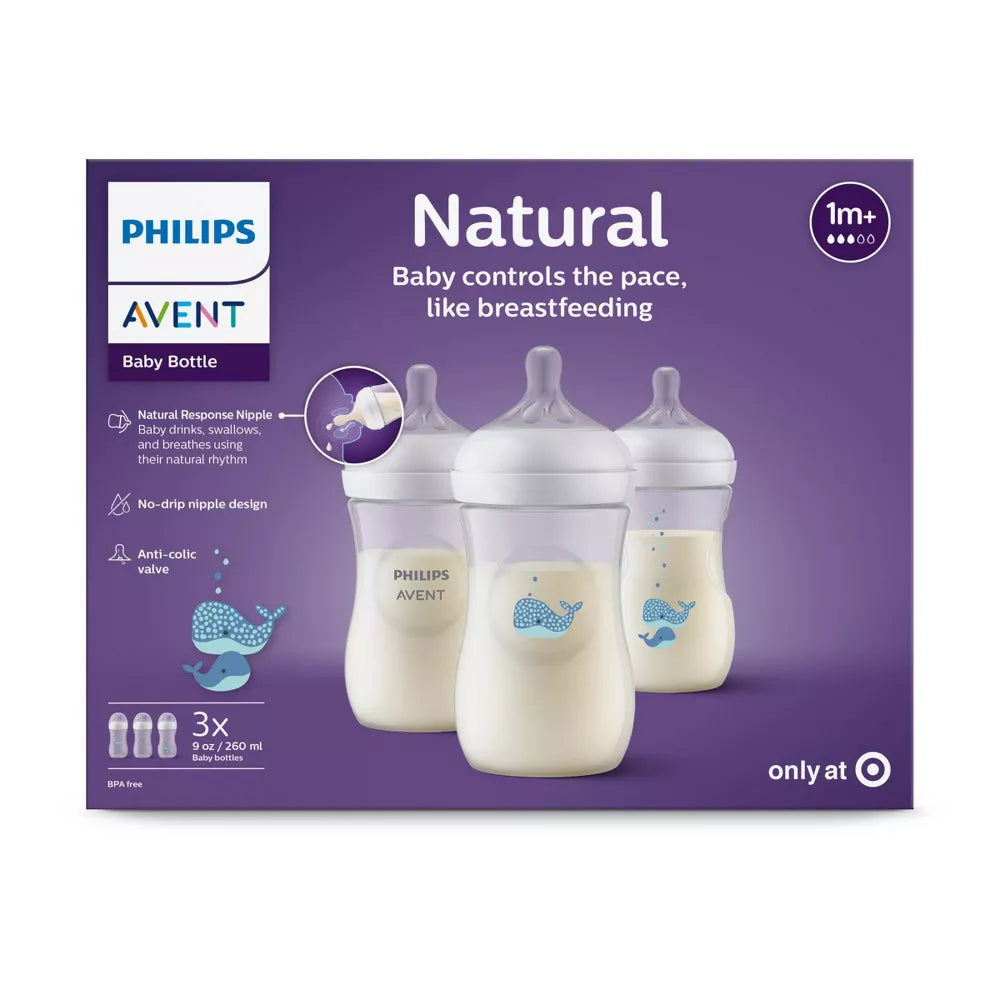 Avent Philips Biberón Natural con Tetina de Respuesta Natural - Ballenas - 9oz/3pk