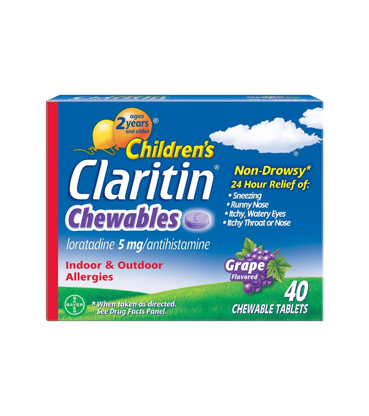 Claritin infantil 24 horas antihistamínico tableta masticable sabor a uva, 40 unidades