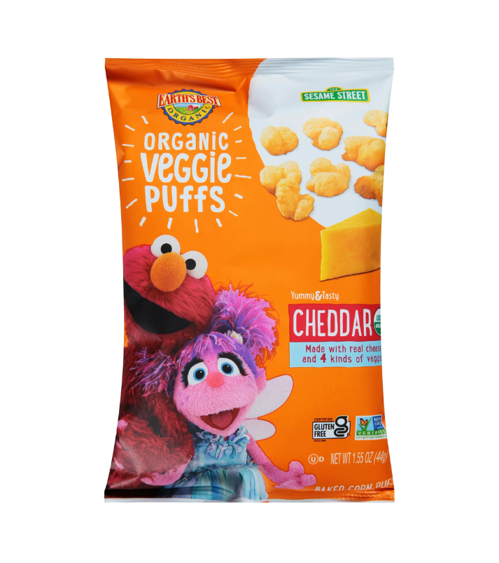 Earth's Best Sesame Street Baby Snack Organic Cheddar Veggie Puffs, bolsa de 44gr