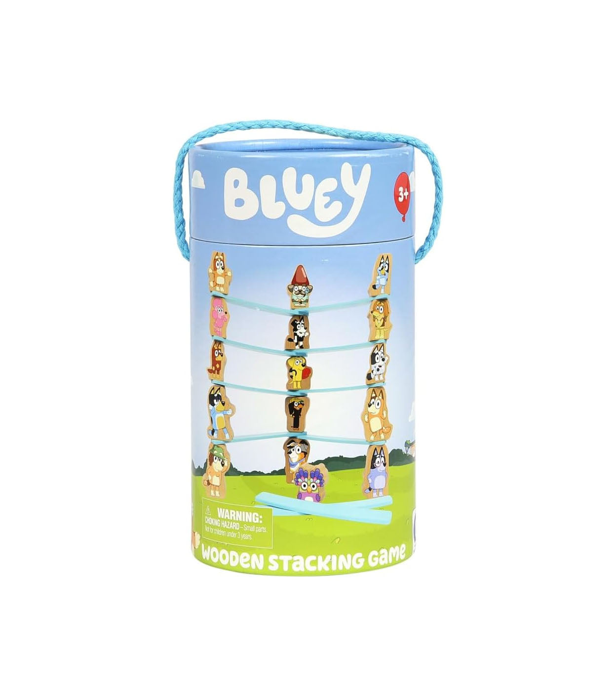 BLUEY Juego de apilamiento de madera - 25 piezas de construcción y equilibrio con personajes y palos en un tubo de almacenamiento