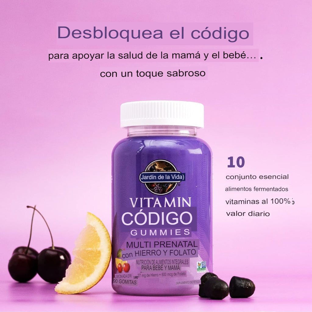 Garden of Life Vitaminas prenatales gomosas para mujeres con hierro: folato, biotina, D3 y B12+probióticos para la digestión, multivitamínico, 90 gomitas sabor  limonada de cereza