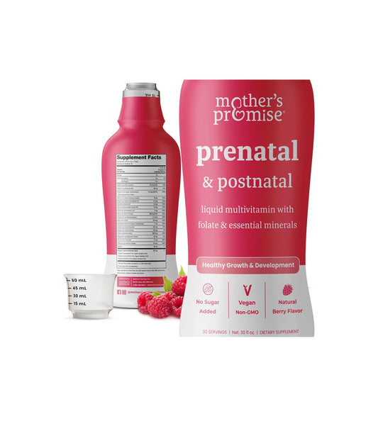 Multivitamínico prenatal y posnatal Mother's Promise para mujeres, Vitaminas prenatales líquidas sin azúcar, 30 porciones