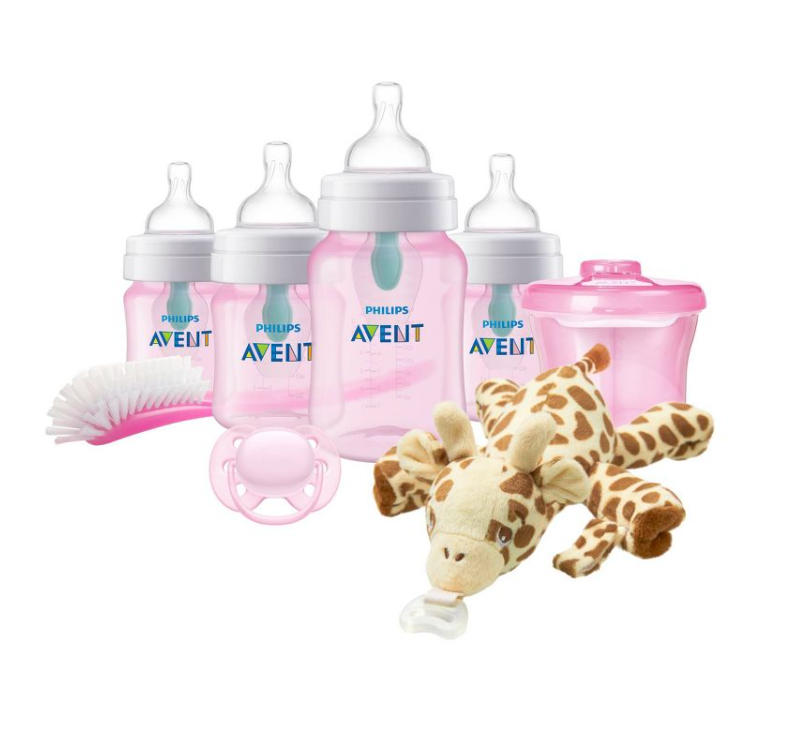 Biberón Philips Avent Anti-Cólico con Ventilación Libre de Aire - Set de regalo para recién nacido con peluche -Color Rosa - 8 piezas