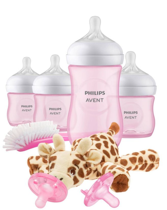 Biberón Philips Avent con pezón de respuesta natural - Set de regalo para bebé con peluche - Color Rosa - 8pc