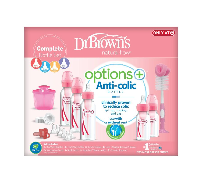 Biberón Dr. Brown's Options+ Anti-Cólico - Kit de regalo de Recién Nacido - 0-6 Meses - Color Rosa