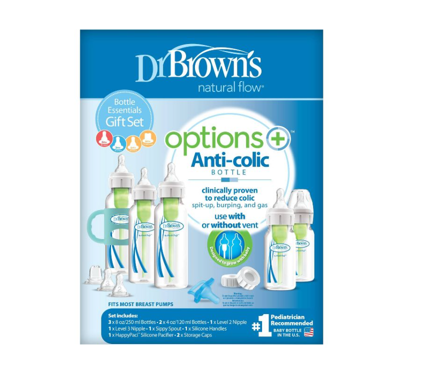 Biberón Dr. Brown's Options + Anti-Cólico Kit de Regalo - 0-6 meses - Color Azul y Verde