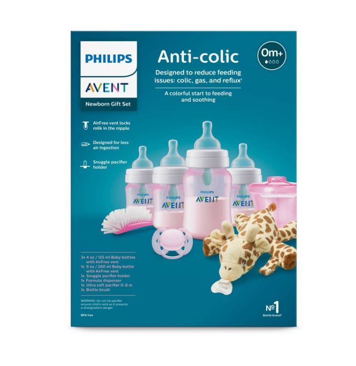 Biberón Philips Avent Anti-Cólico con Ventilación Libre de Aire - Set de regalo para recién nacido con peluche -Color Rosa - 8 piezas