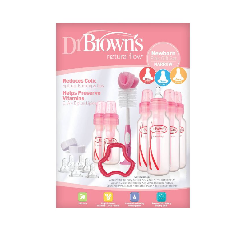 Biberón Dr. Brown's Flujo natural Anti-Cólico Set de regalo con mordedera y cepillo - Color Rosa - 20ct