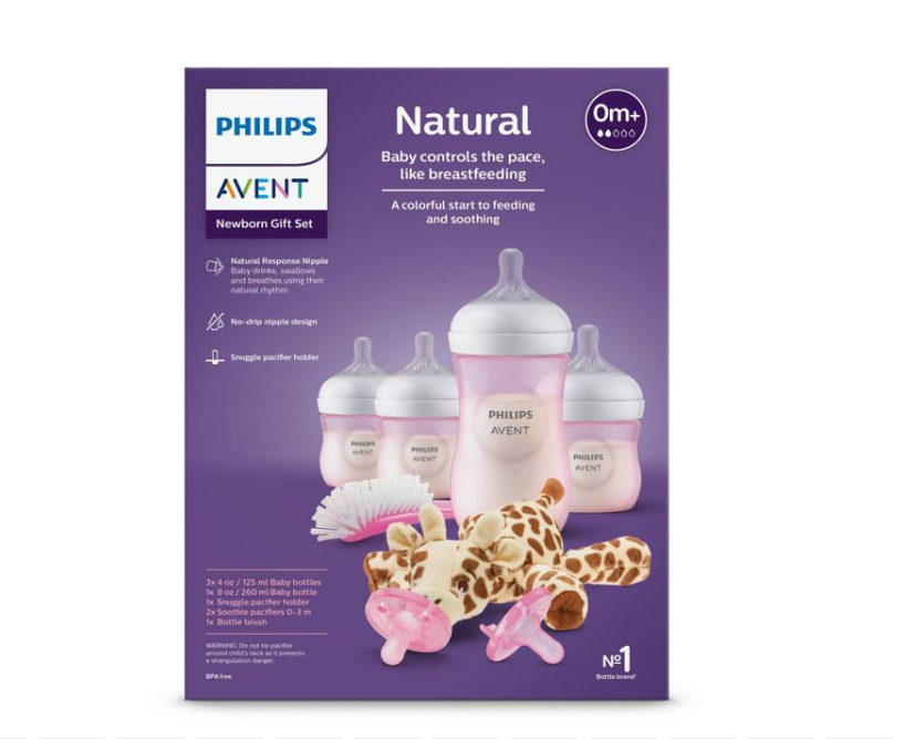 Biberón Philips Avent con pezón de respuesta natural - Set de regalo para bebé con peluche - Color Rosa - 8pc
