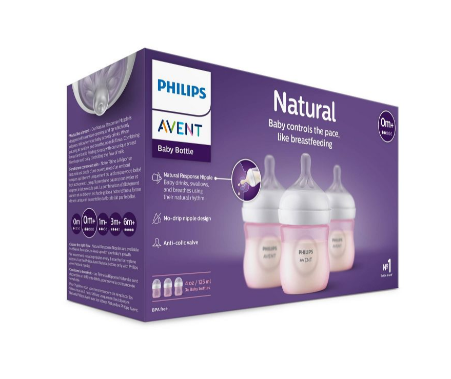 Biberón Philips Avent con Pezón de Respuesta Natural - Color Rosa - 4oz - 3 Pack