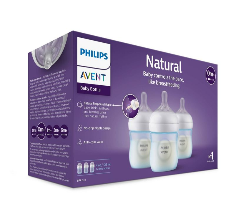 Biberón Philips Avent con pezón de respuesta natural - Color Azul - 4oz - 3 pack