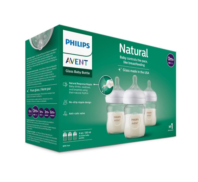 Biberón Philips Avent - Vidrio - Con pezón de respuesta natural - 4oz - 3 Pack