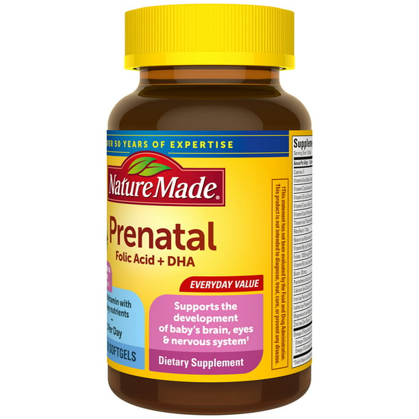 Nature Made Prenatal con ácido fólico + cápsulas blandas DHA, suplemento prenatal de vitaminas y minerales, 70 unidades