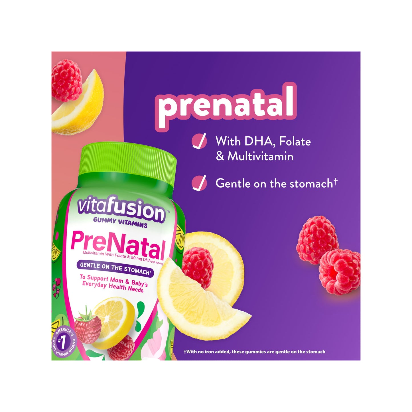 Vitafusion PreNatal Gummy Vitamins, Lemon & Raspberry Lemonade Vitaminas para el embarazo con sabor a limonada, 90 unidades