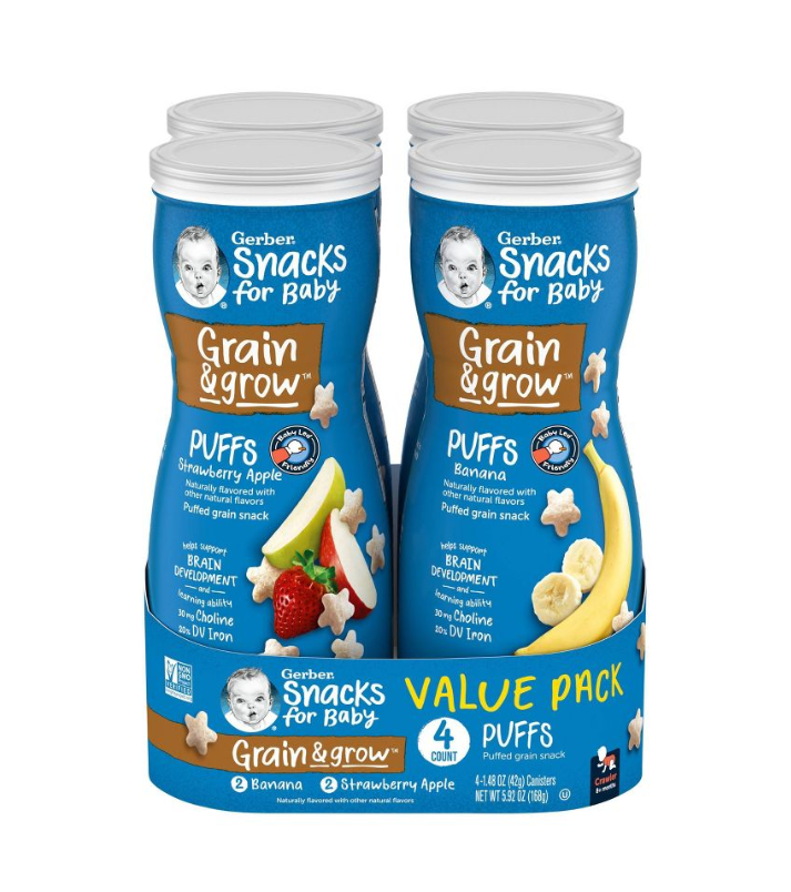 Gerber Puffs Snack Grain & Grow - Paquete variado de 4 unidades de Fresa, Manzana y Plátano 168gr