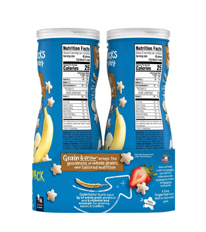 Gerber Puffs Snack Grain & Grow - Paquete variado de 4 unidades de Fresa, Manzana y Plátano 168gr