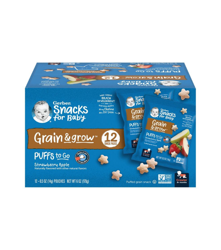 Gerber Puffs Snack Grain & Grow - Paquete de 12 unidades Sabor Fresa y Mnazana - 12pzas 14gr cada uno
