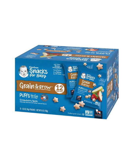 Gerber Puffs Snack Grain & Grow - Paquete de 12 unidades Sabor Fresa y Mnazana - 12pzas 14gr cada uno