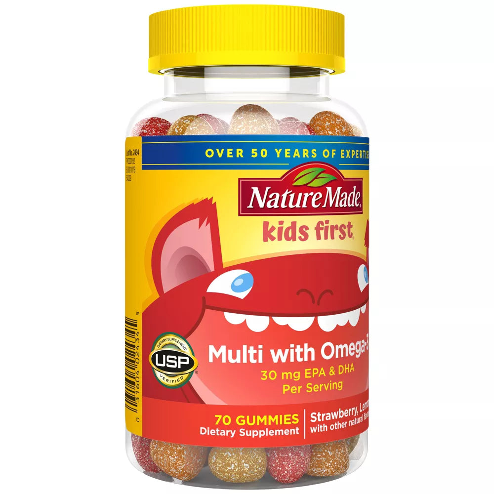 Nature Made - Multivitamínico en Gomitas para niños + Omega 3 - Sabor Fresa, limón y naranja - 70 Unidades