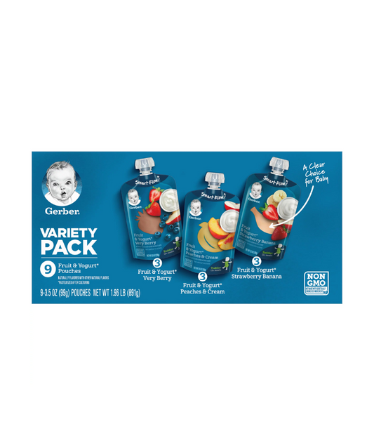 Gerber Fruit & Yogurt Pouch Alimento para bebé - Variedad de Snacks en bolsas para bebés, 9 pack